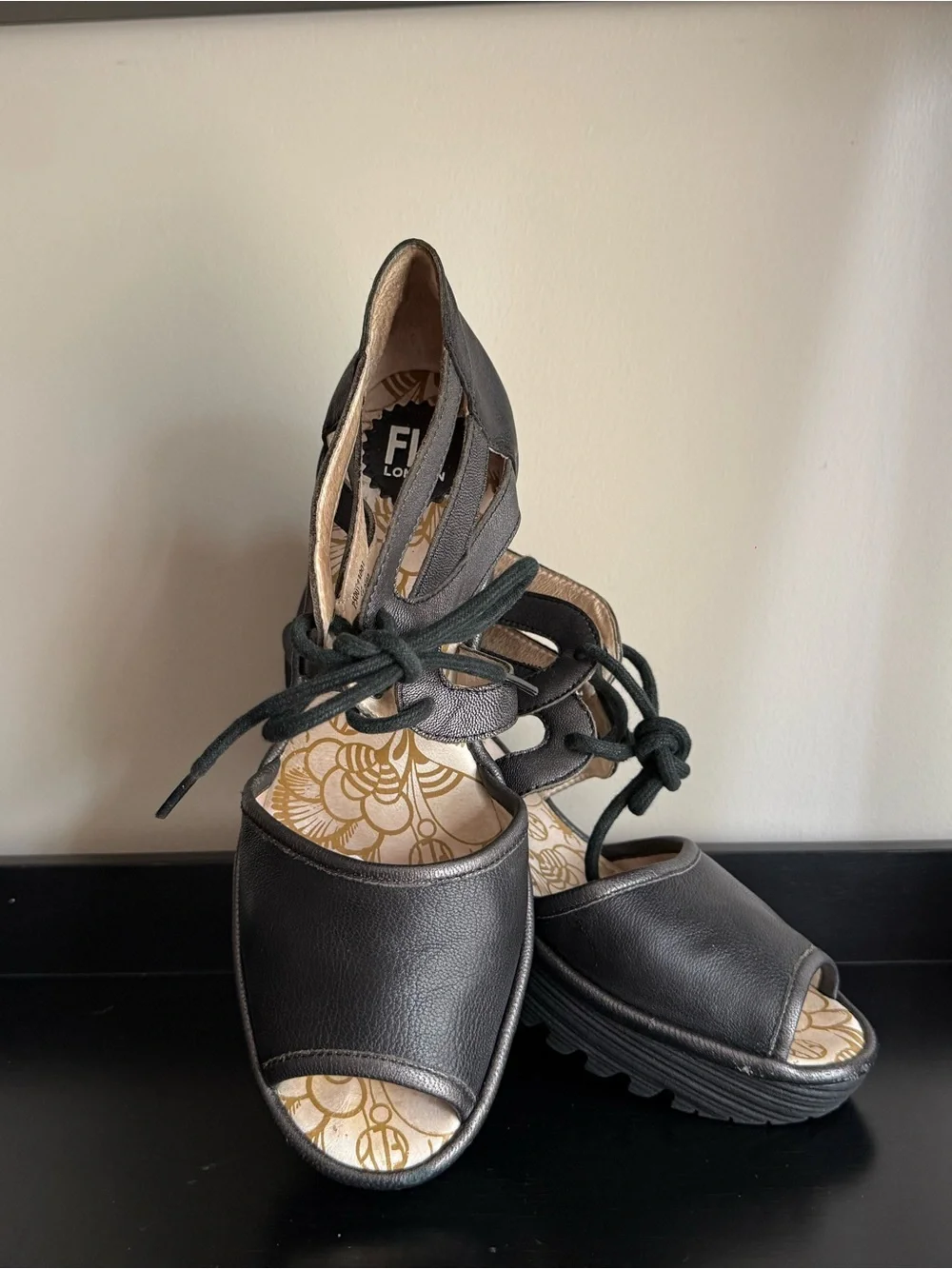 FLY London Leather Wedge Sandals EU 42 US 10-10.5 Black Lace Up